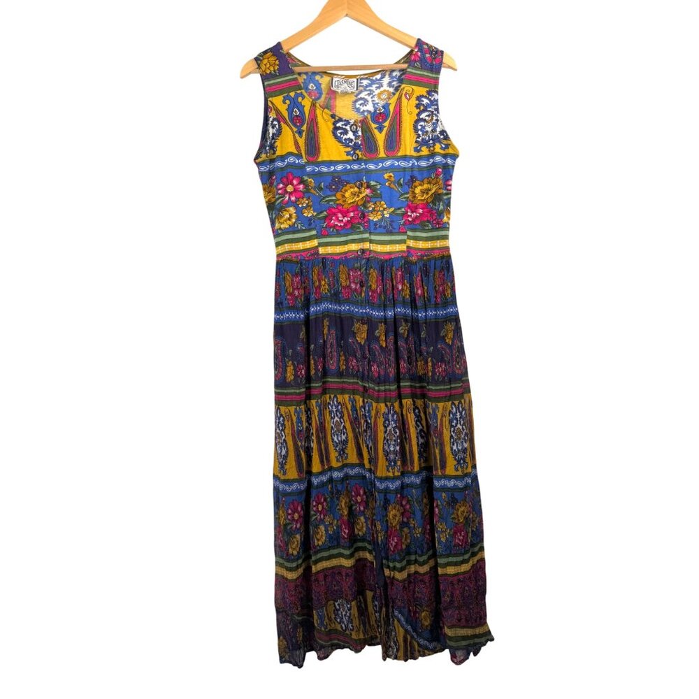 VTG Jasmine by KVM floral colorful crinkle button‎ down maxi dress sz S